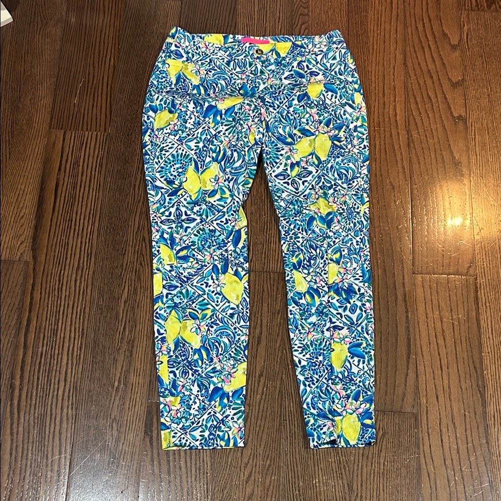 Lilly Pulitzer Blue Floral & Yellow Lemon Ankle cropped iconic pants 6